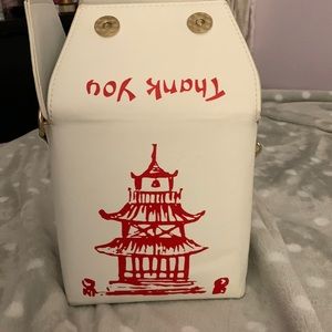 Large white Chinese take out style bag with detachable gold chain